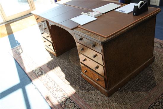 A Victorian burr walnut partners pedestal desk, by Holland & Sons, W.6ft